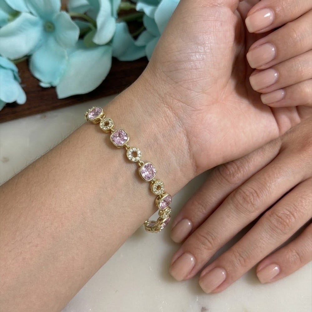 14K Gold Plated XP Pink Crystal Gold Tone Pave Link Bracelet Adjustable